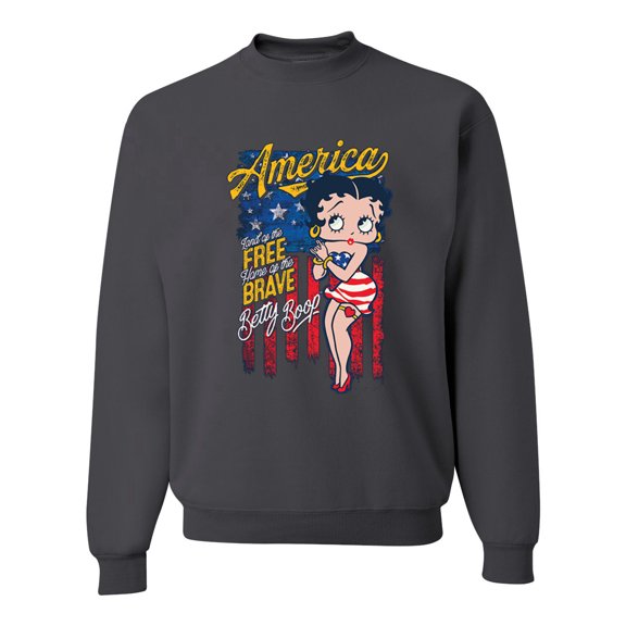 Wild Bobby, Betty Boop America Land of the Free Home of the Brave Betty Boop Unisex Crewneck Sweatshirt, Charcoal, Large
