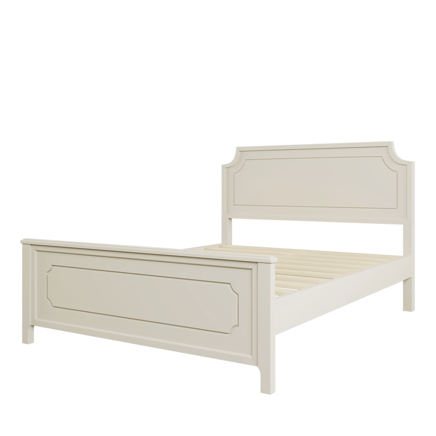 Kadyn Milky White Solid Rubber Wood Platform Bed, Modern Wood Queen Platform Bed with Headboard, Farmhouse bedstead for Bedroom