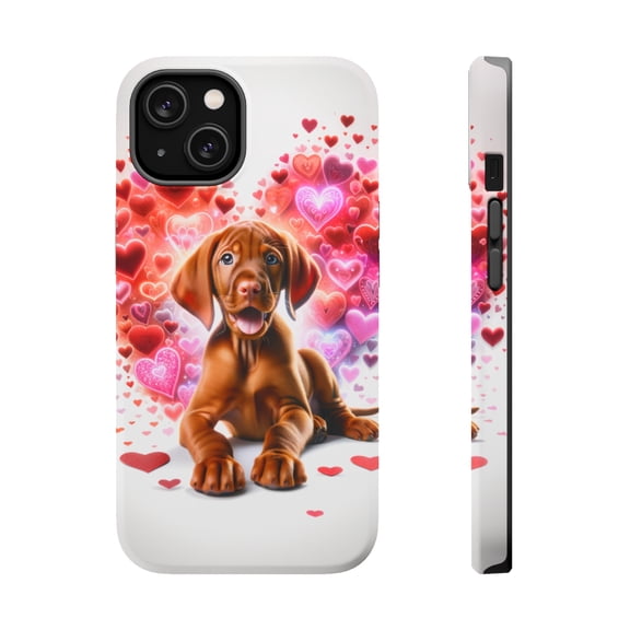 DistinctInk Tough Case for Apple iPhone 14 PLUS (6.7" Screen), Compatible with MagSafe Charging - Valentine's Day Vizsla Puppy