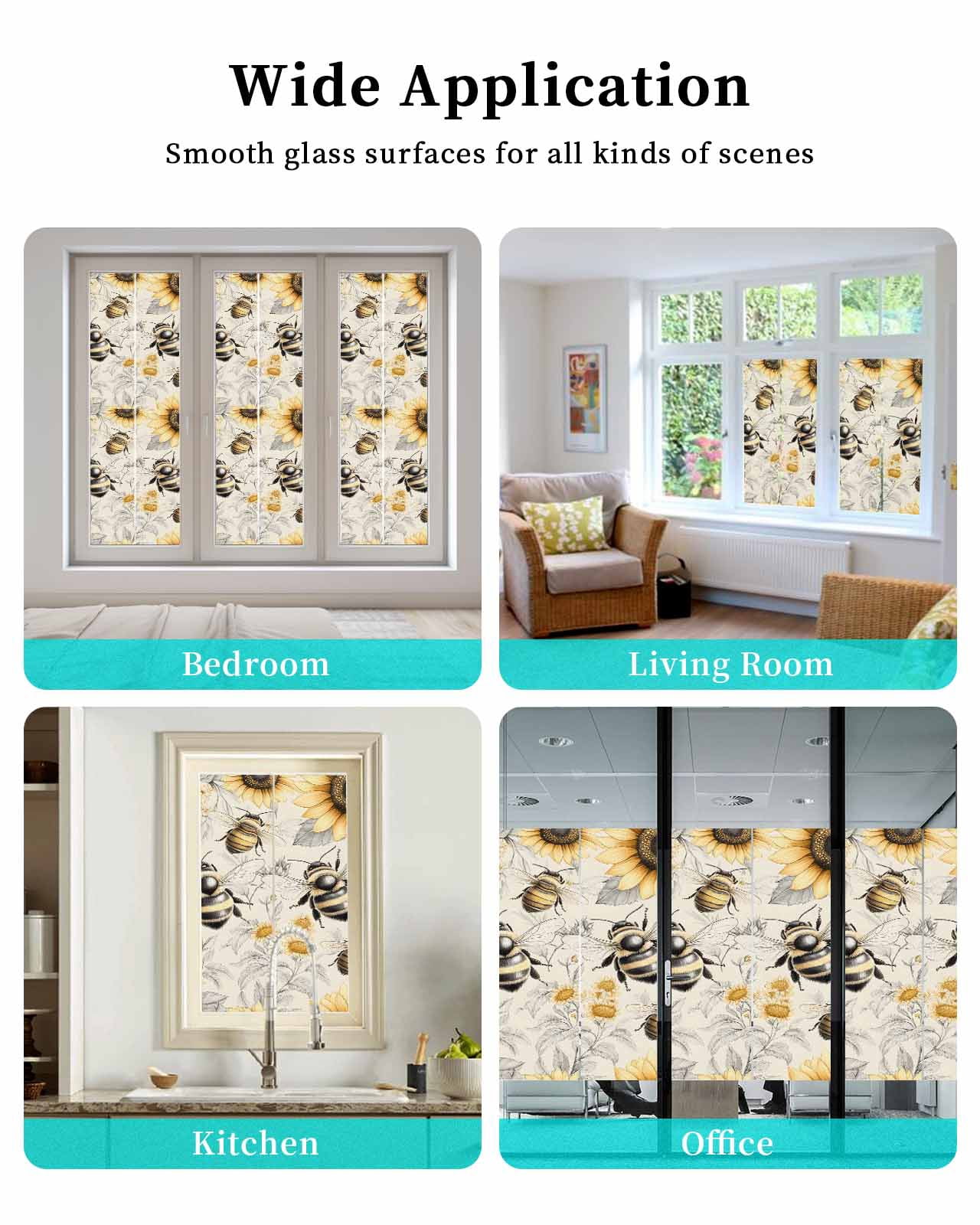 Window Privacy Film Sunflowers Stained Glass Window Film Decorative Sun Block Window Cover Spring Farm Bees Garden Vintage Window Clings Static Adhesive Sticker for Bathroom 35.4"x78.7"
