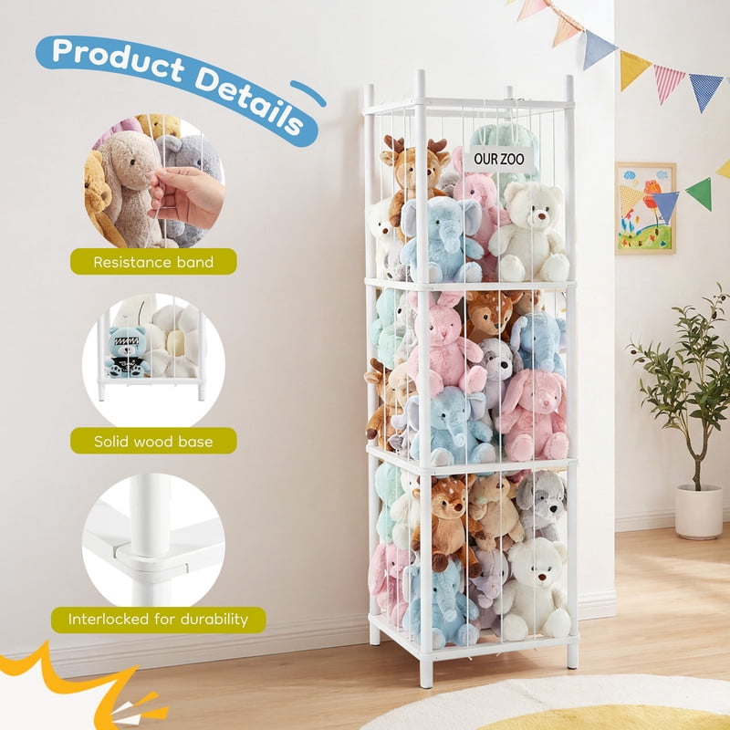 Gianna Stuffed Animal Storage, 54-Inch Plushies Storage, Features Solid Wood Frame & Secure Elastic Nets, Ideal for Toy Organizers in Playroom, Bedroom, or Nursery，White