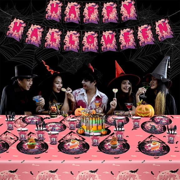 114 pieces Halloween Party Tableware Set Plastic Knife Fork Spoon and Paper Plate Cup Party Home Decoration Supplies Halloween Party Dec
