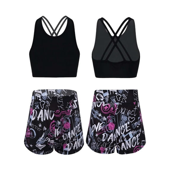 YONGHS Kids Girls Two-Piece Sport Suit Rear back Cross Top Shorts Set 4-16 Black Rose 10