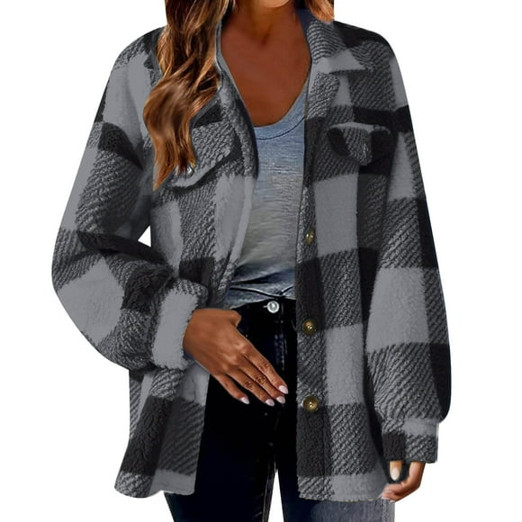 NAZISHW Women Sherpa Jacket Casual Flannel Colorblock Plaid Shacket Long Sleeve Lapel Button Long Fleece Jackets with Pockets (Gray,XXXXXL)