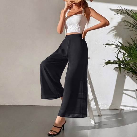 Women's Summer Chiffon Wide Leg Palazzo Capris Elegant Dressy Casual Elastic Waist Beach Vacation Trousers Black XL
