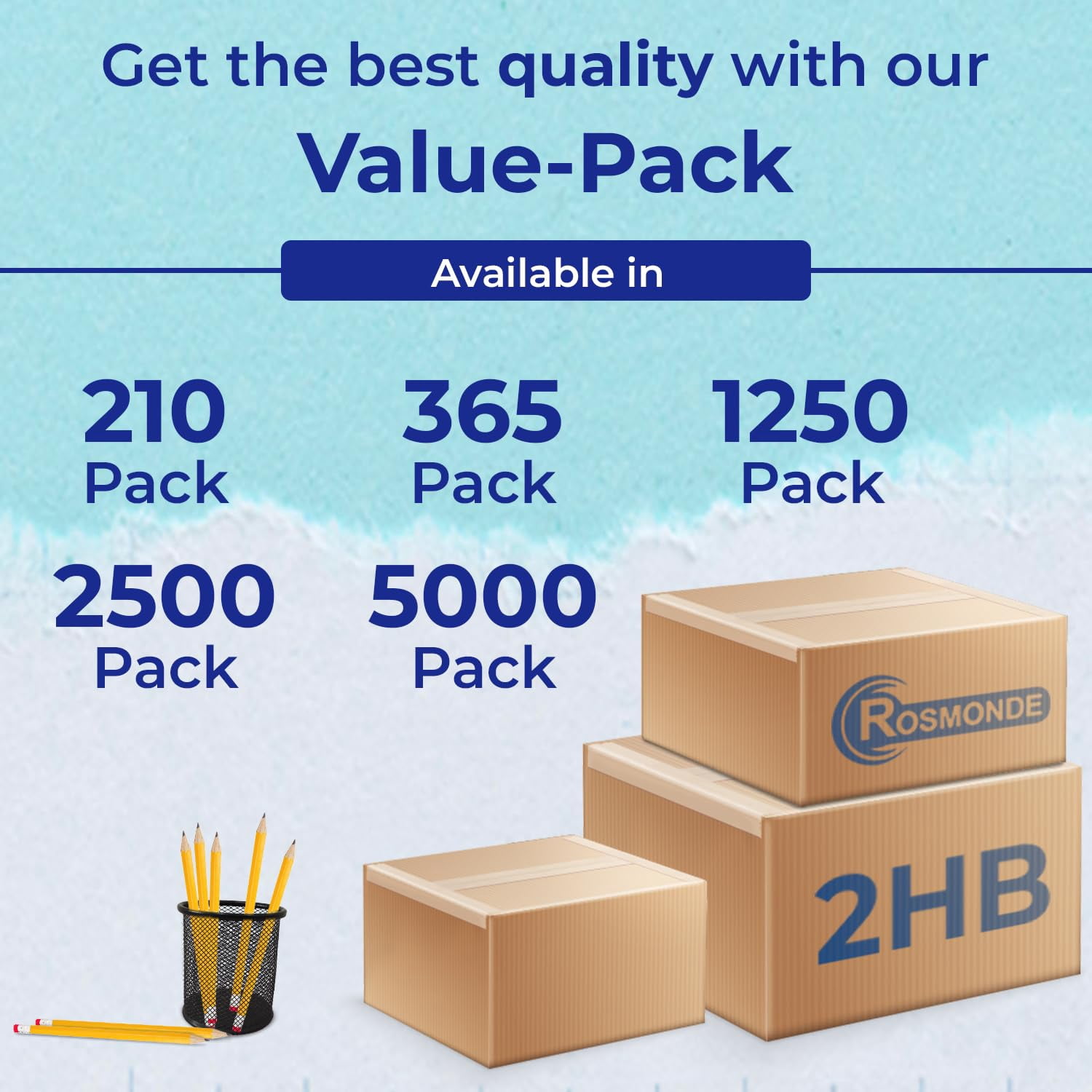Rosmonde Pencils Bulk, 1250 Pack, Pre-Sharpened #2 HB Yellow Pencils, Easy Grip, Top Erasers, Smooth Writing, Bulk Set for School, Classroom & Office Supplies, Back to School Use