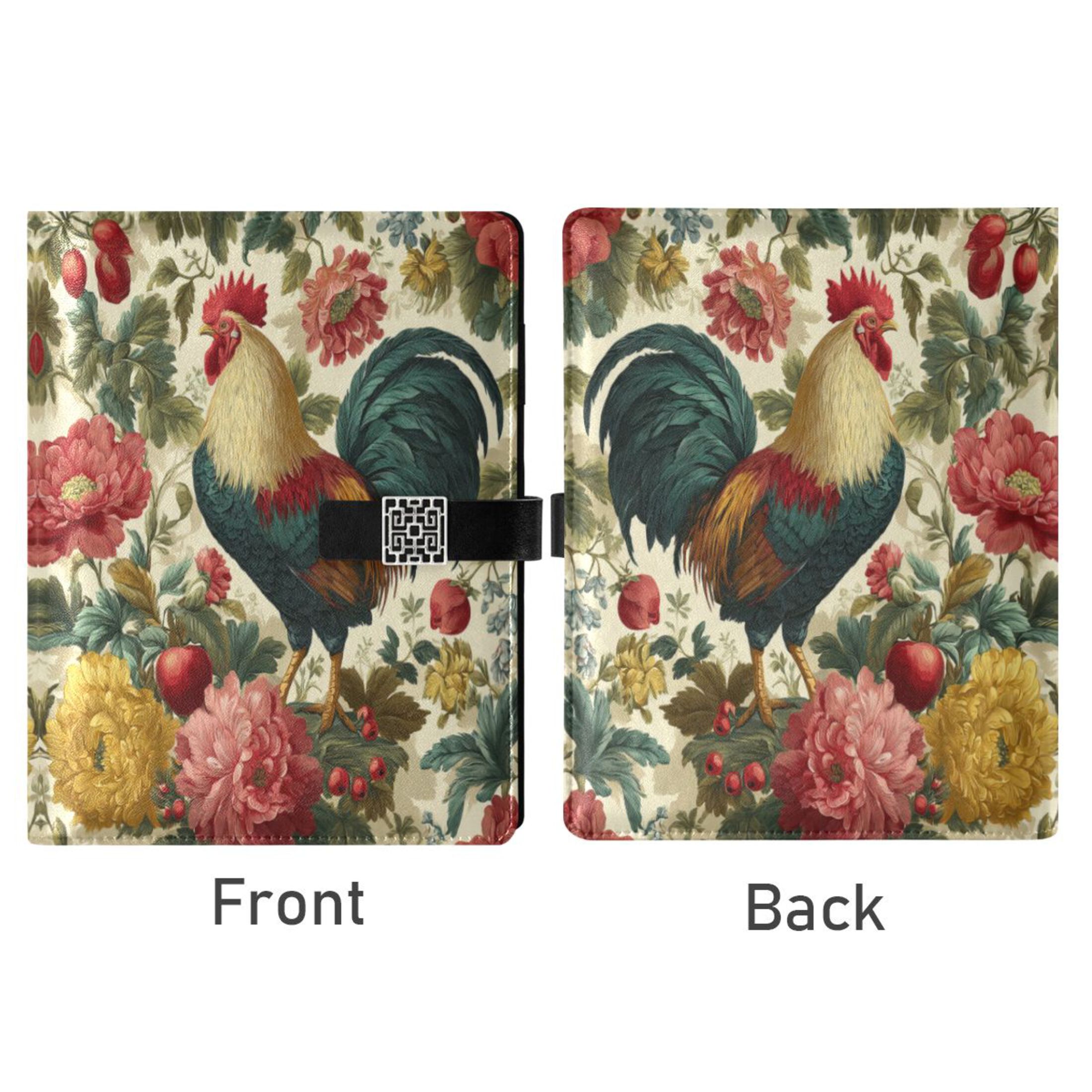 9.2x6.7 inch Leather Notebook 100 Sheets, Multi-Pocket Design & Pen Loop Rooster and Vintage Floral Refillable Journal Organizer