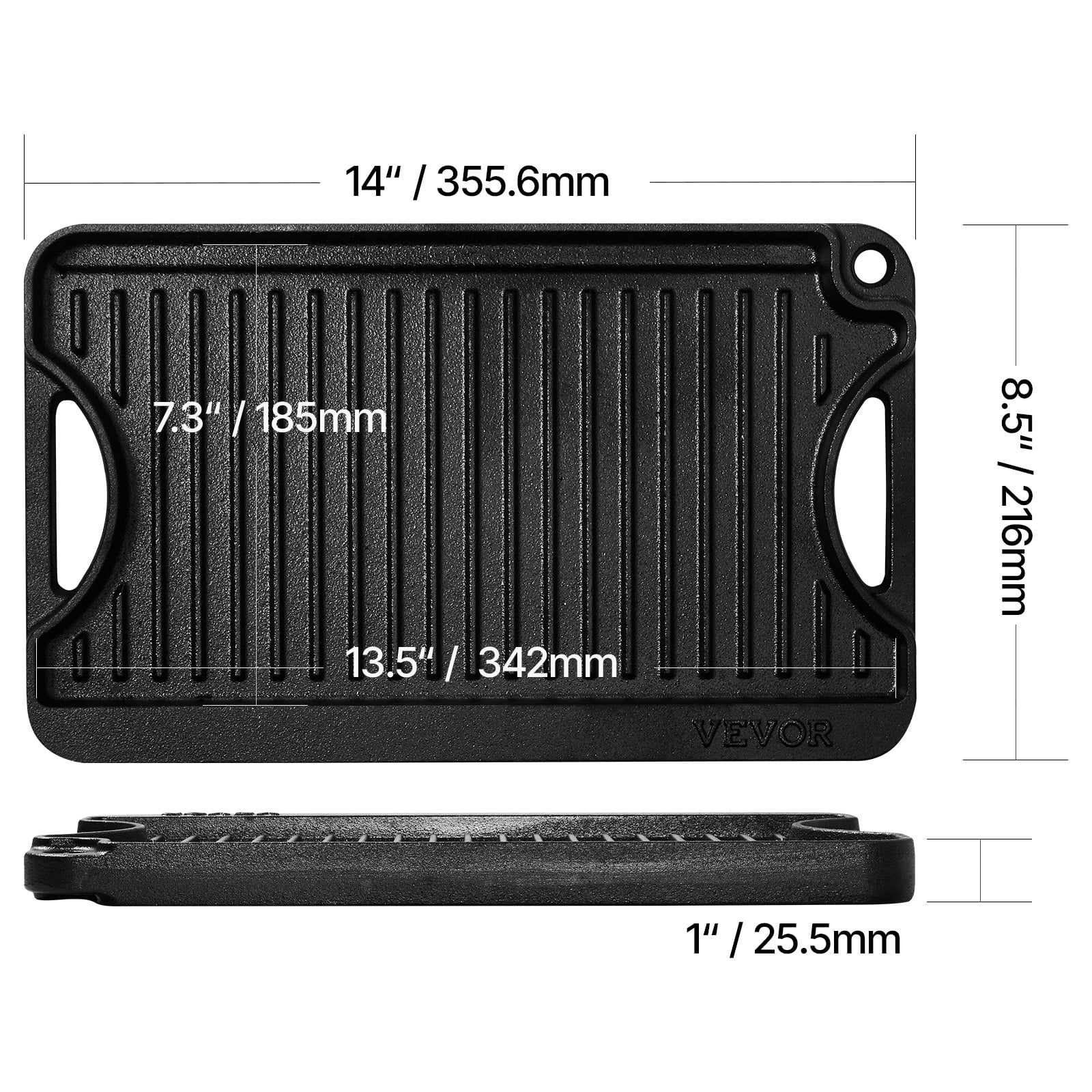 VEVOR Reversible Grill/Griddle, 14x8.5 inch Pre-Seasoned Cast Iron Griddle, Portable Rectangular Pan with Handle, Family Cookware for Indoor/Outdoor Stove Top Burner, Gas, Camping BBQ, Black