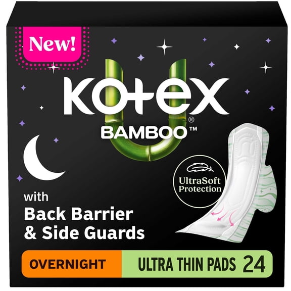 Kotex Bamboo Ultra Thin Overnight Pads with Wings, 24 Count