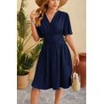 thumbnail image 4 of EASYBRAUS Women V Neck A Line Midi Dress Bell Sleeve Pleated Waist Spring Summer Dress, 4 of 8