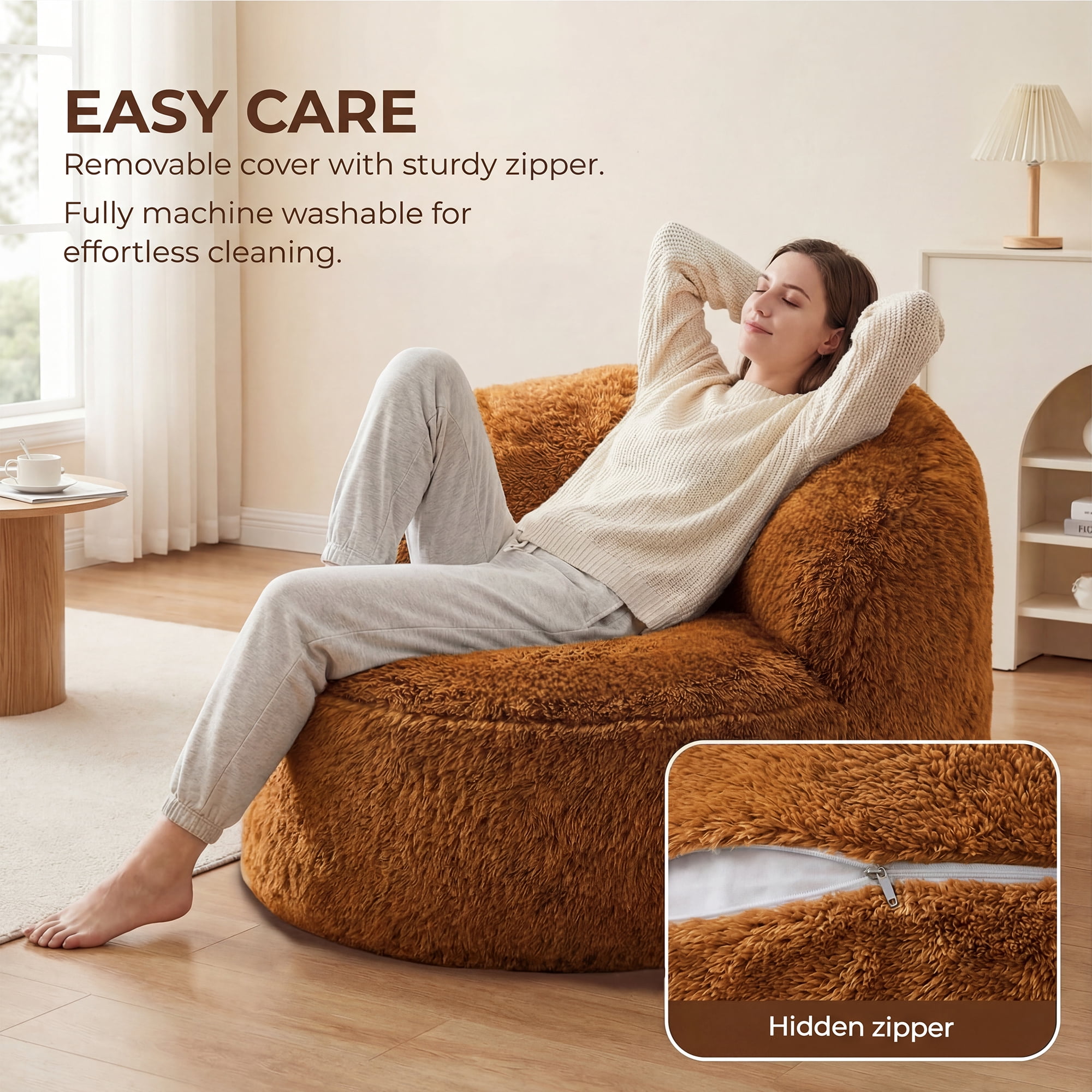Fulsmile Bean Bag Chair Large Plush Chairs for Adults Giant Beanbag Chair Bean Bag Sofa with Stuffed Memory Foam Oversized Bean Lounger Chair for Reading Gaming Relaxing, Caramel