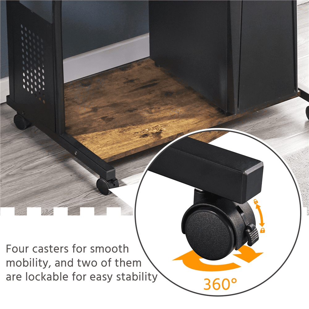 Fullfurnique Rolling 3-Tier Computer Desk with Detachable Top Shelf, Rustic Brown