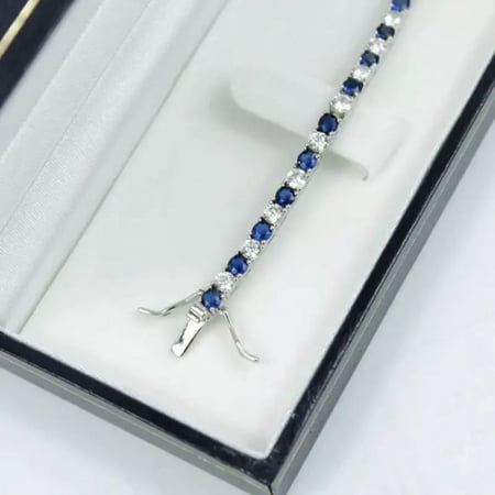 Jewelry Hub 9Ct Round 4mm Simulated Diamond and Sapphire Tennis Bracelet, 14K White Gold Plated