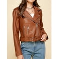 thumbnail image 4 of Made by Johnny Women's Asymmetrical Faux Lether Belted Moto Jacket L CAMEL, 4 of 6