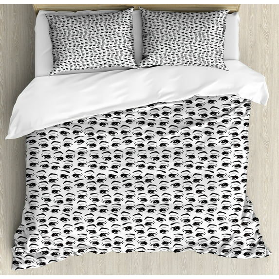 Eyes Duvet Cover Set King Size, Various Woman Eyes with Sad Melancholic Happy Gestures Feminine Beauty Modern, Decorative 3 Piece Bedding Set with 2 Pillow Shams, Black and White, by Ambesonne