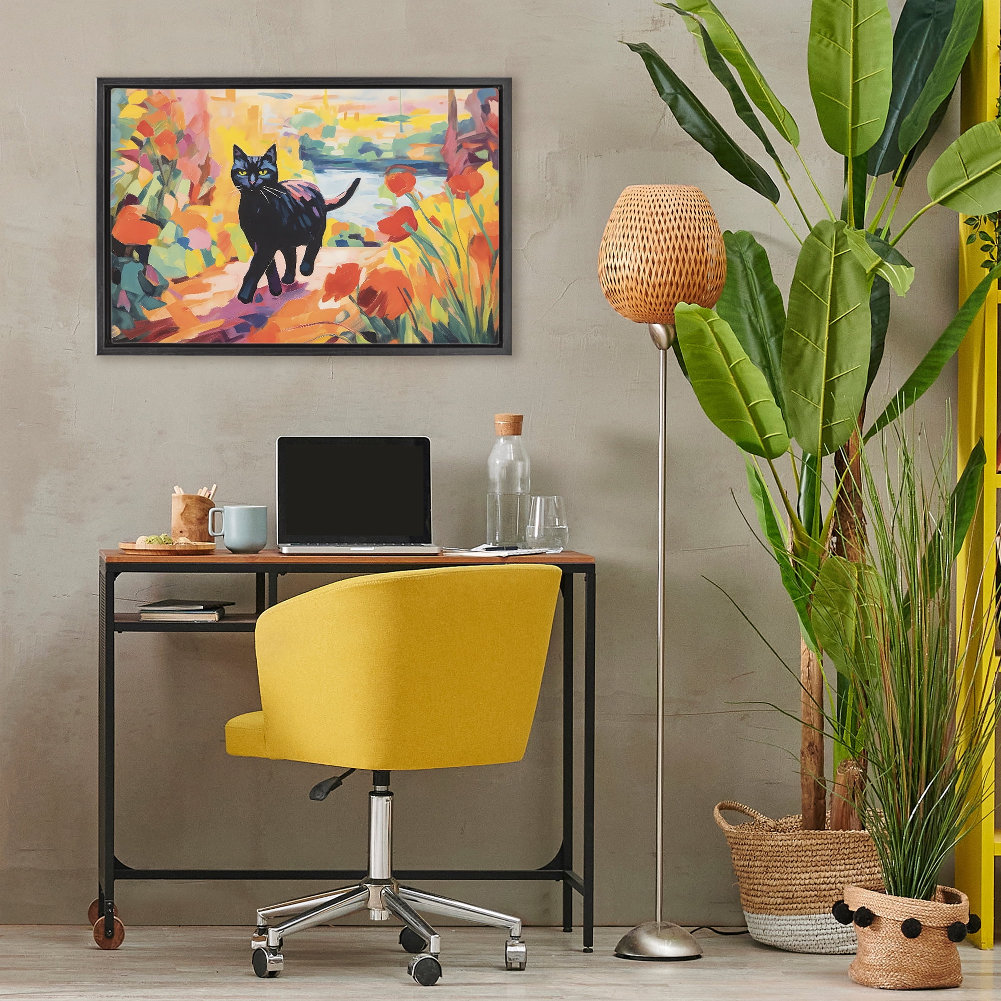 Stupell Industries Sunlit Black Cat in Garden Black Framed Floater Canvas Wall Art, design by Creative Studio
