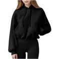 thumbnail image 3 of BiZtdJrK Womens Cropped Hooded Sweatshirt Long Sleeve Oversized Hoodies with Pockets Solid Workout Sweatshirts Black L, 3 of 10