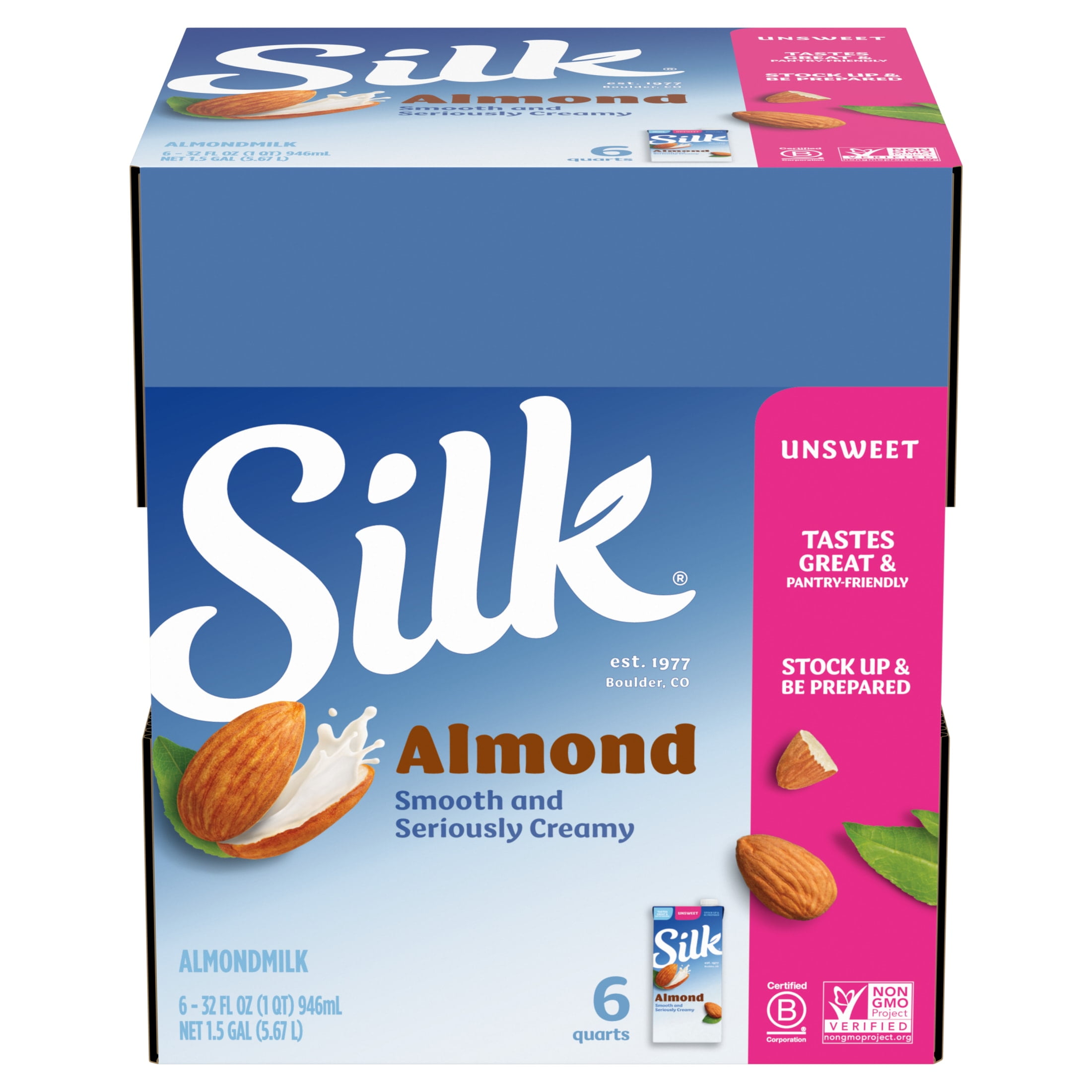 Silk Shelf Stable, Dairy Free, Lactose Free, Gluten Free, Unsweetened Almond Milk, 32 fl oz Quart, 6 Count