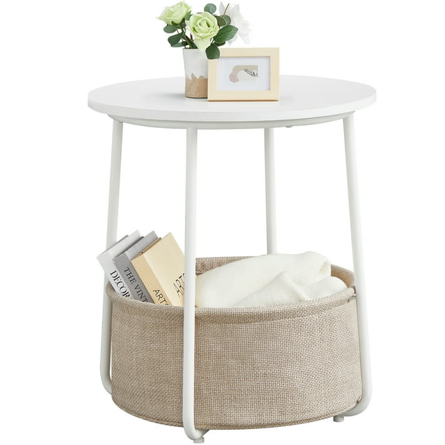 VASAGLE Petite Table d'Appoint Ronde, Table de Chevet Moderne avec Panier en Tissu, Blanc Mat et Brun Chameau