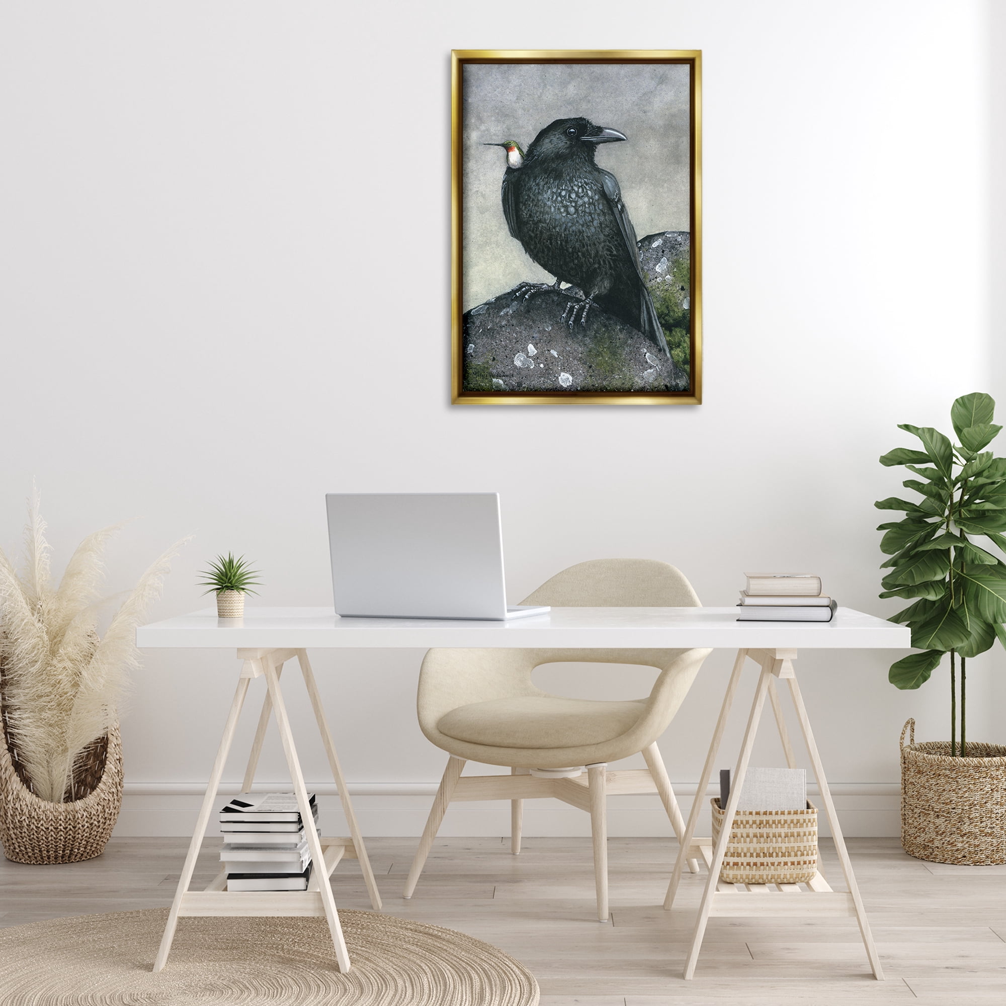 Stupell Industries Crow & Hummingbird Perched Animals & Insects Painting Gold Floater Framed Canvas Art Print Wall Art, 21 x 31