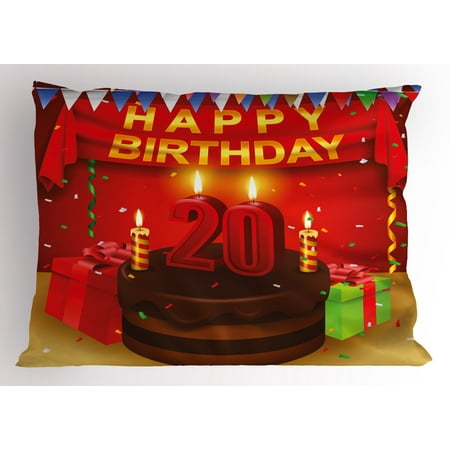 Curtain Sham 20th Birthday Pillow Sham Happy Birthday Party Curtains Boxes and Flags on the Red Colored Backdrop, Decorative Standard Size Printed Pillowcase, 26 X 20 Inches, Multicolor, by Ambesonne ()