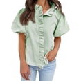 thumbnail image 5 of QASIEATN Ladies' Puff Sleeve Button Up Tops Summer Striped Stand Up Collar Fashionable Casual Loose Short Sleeved T Shirt, 5 of 6