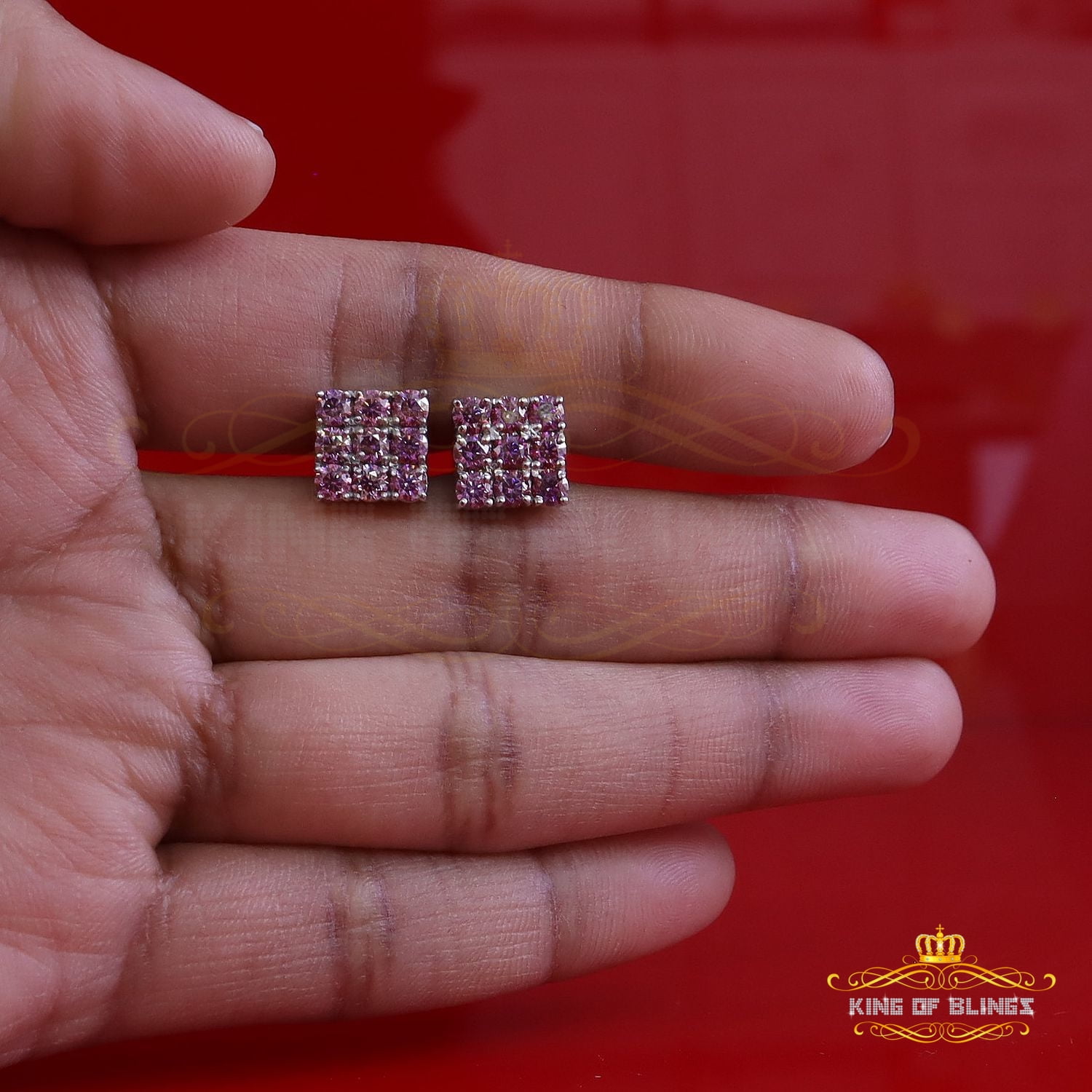 King of Bling's 925 Silver White 2.25ct VVS D Pink Moissanite Men's/Women's Square Stud Earrings