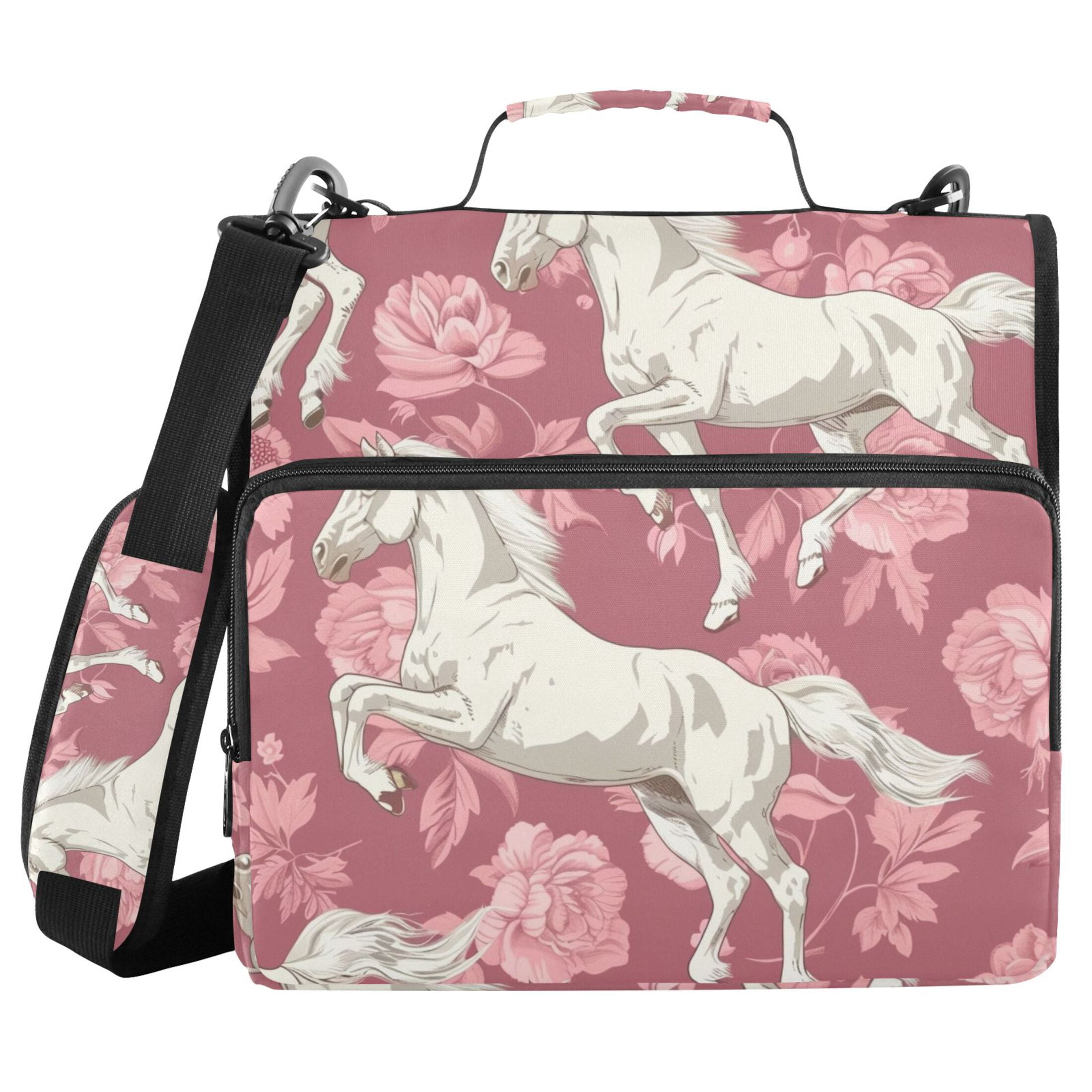 ALAZA Zipper Binder Horse and Flowers 3 Ring Trapper Keeper File Folder Organizer Bag