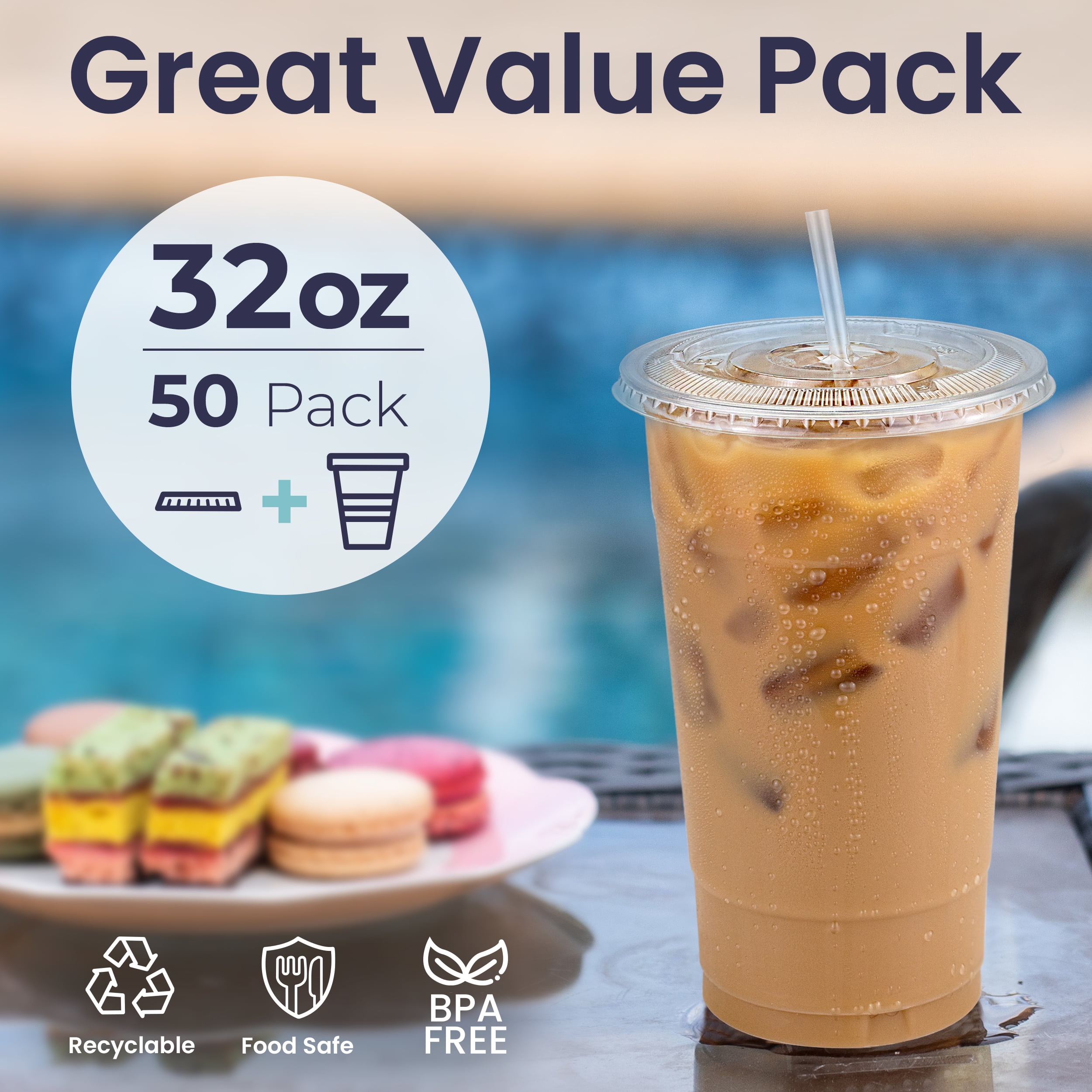 Party's Plastic Disposable Cups 50 Count 32 Ounce Crystal Clear PET Cups for Iced Coffee Smoothy's Cold Drinks Slurpee Slush 