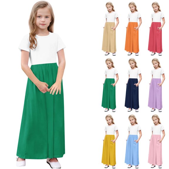 YHAJDS Little Girl Short Sleeve Dress Color Print Pocket Pleated Long Maxi