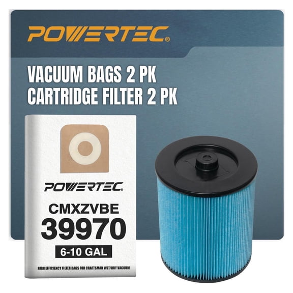 POWERTEC CMXZVBE39970 Vacuum Bags 2PK & 17816 Cartridge Filters 2PK, for Craftsman 39970 6 to 10 Gal Filter Bags, 17907/17912 Filter for Most 5 Gallon and Above Wet/Dry Vacs (75118N)