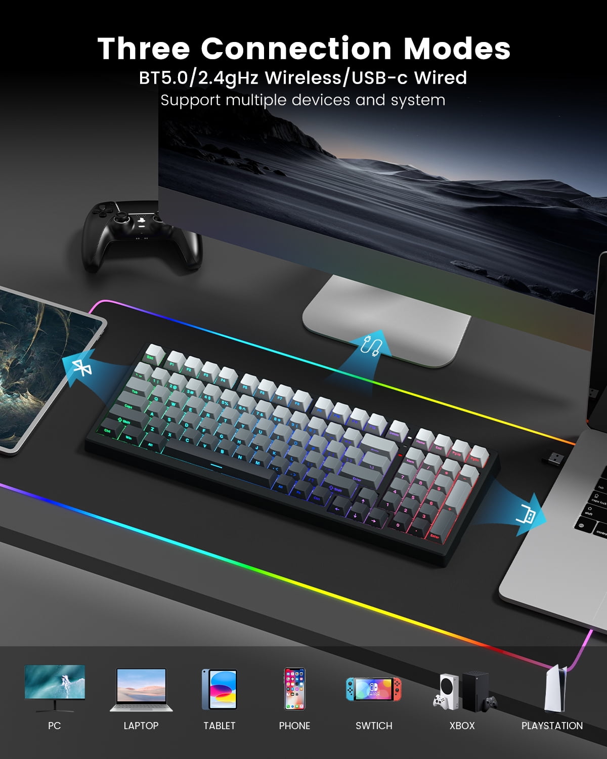 COSTOM Wireless Mechanical Keyboard, Gaming Keyboard with Number Pad, RGB Backlit, Tri-Mode BT5.0/2.4GHz/USB-C, Gasket Mount, Hot Swappable Pre-lubed Linear Switch for Windows MAC Computer