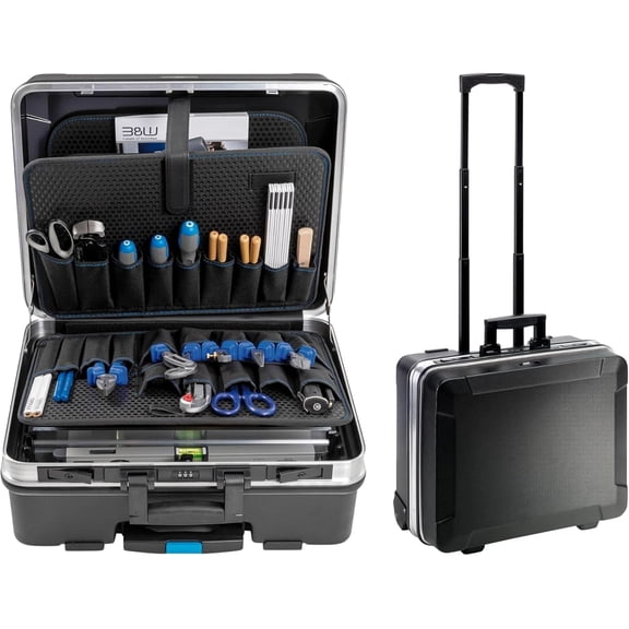 B&W International GO Portable Wheeled Rolling Tool Case Box with Pocket Boards, Black