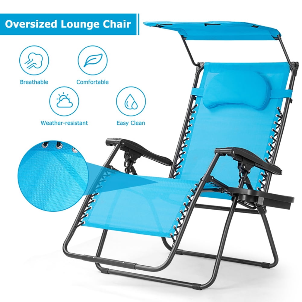 Aimee Lii Folding Recliner Lounge Chair with Shade Canopy Cup Holder, Outdoor Patio Furniture, Blue
