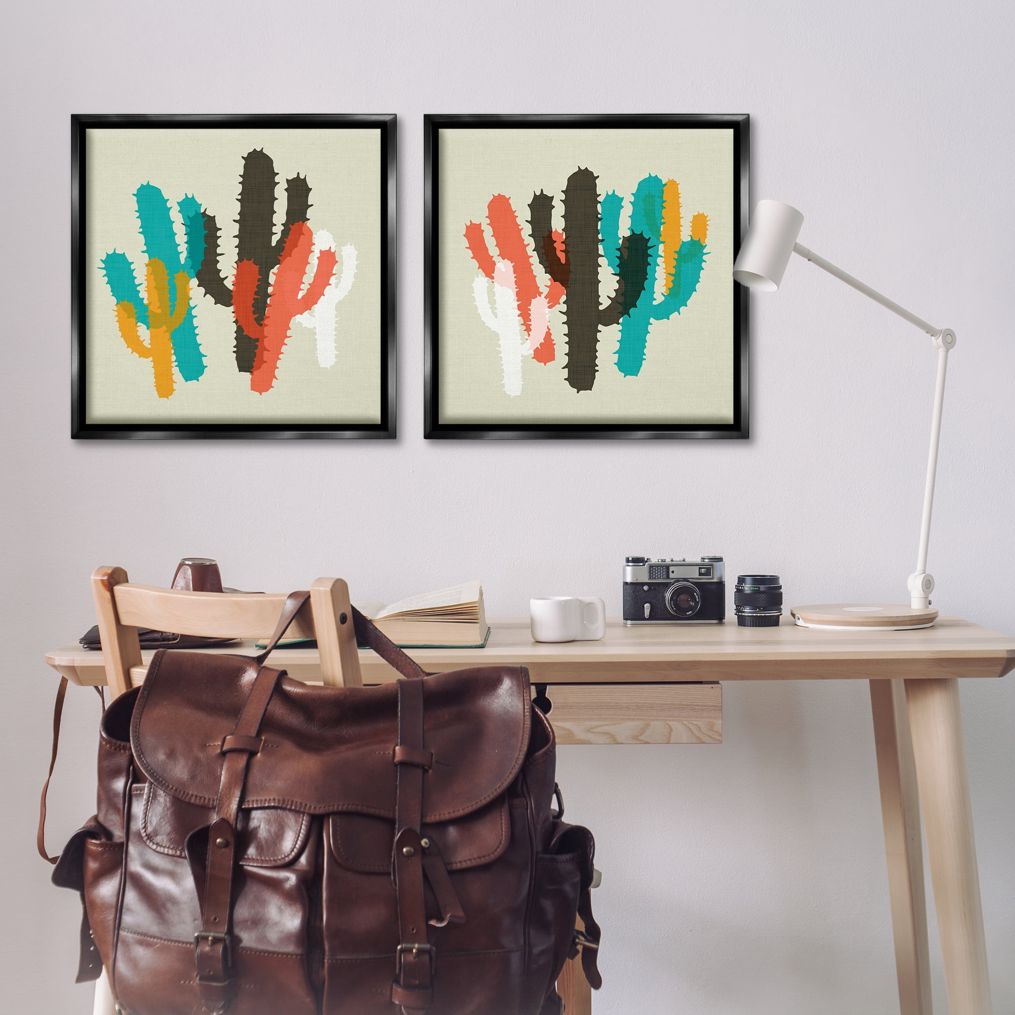 Stupell Industries Vibrant Overlapping Cactus Abstract Painting Black Floater Framed Canvas Art Print Wall Art, 25 x 25, Set of 2