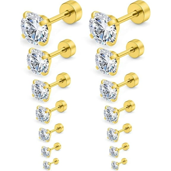 Xukmct 7 Pairs Screw Flat Back Earrings 2-8mm Round Cubic Zirconia Earrings Stainless Steel Stud Earrings Set for Women Men, Gold
