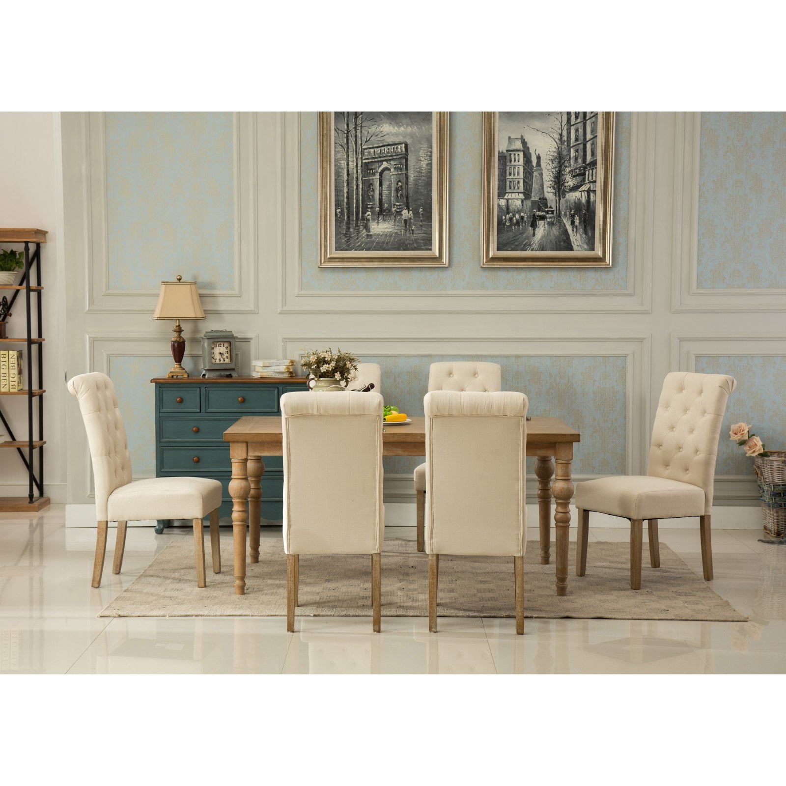 Roundhill Furniture Habitanian 7 Piece Wooden On Tufted Dining Table Set
