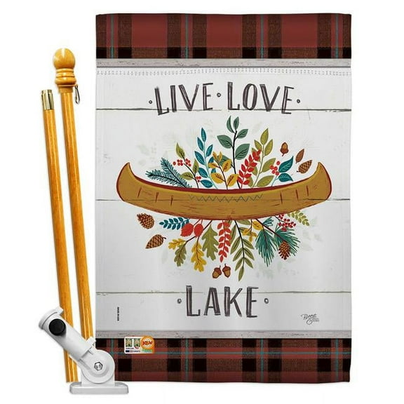 Breeze Decor BD-OU-HS-109073-IP-BO-D-US18-WA 28 x 40 in. Live Love Lake Nature Outdoor Impressions Decorative Vertical Double Sided House Flag Set & Pole Bracket Hardware