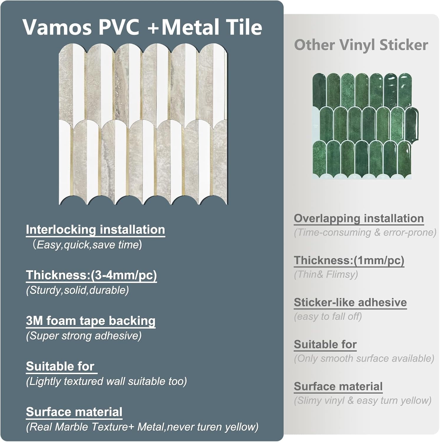 Vamos Peel and Stick Backsplash Seamless Tile for Kitchen and Bathroom,White and Beige Slate PVC Mixed Light Gold Self Adhesive Fish Scale Metal Mosaic Tiles (10 Sheets)