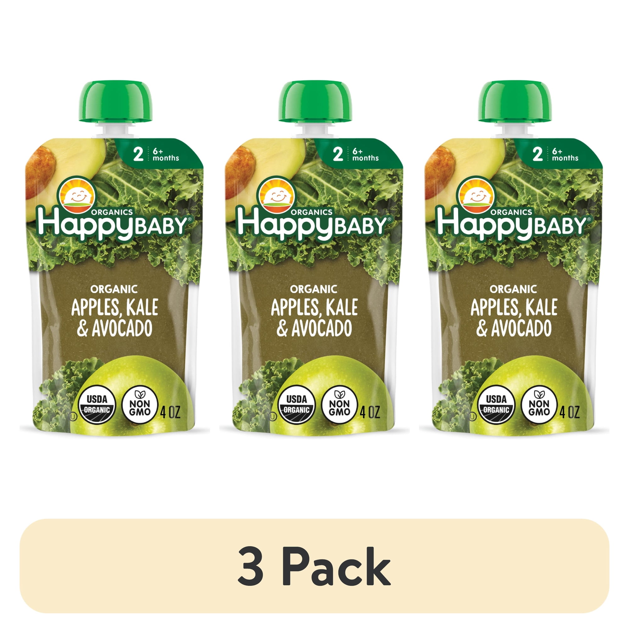 (3 pack) Happy Baby Clearly Crafted, Stage 2 Organic Baby Food, Apple Kale & Avocado Pouch, 4 oz.
