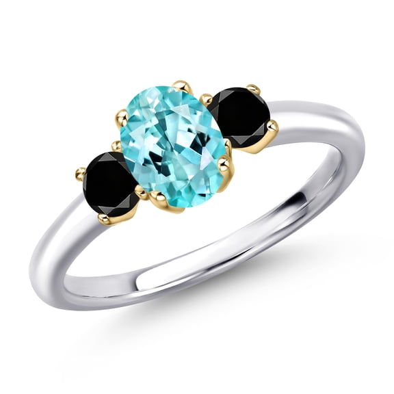 Gem Stone King 10K Two Tone Gold Blue Apatite and Black Diamond Engagement Ring for Women | 1.16 Cttw | Oval 7X5MM | Gemstone Birthstone | Size 6