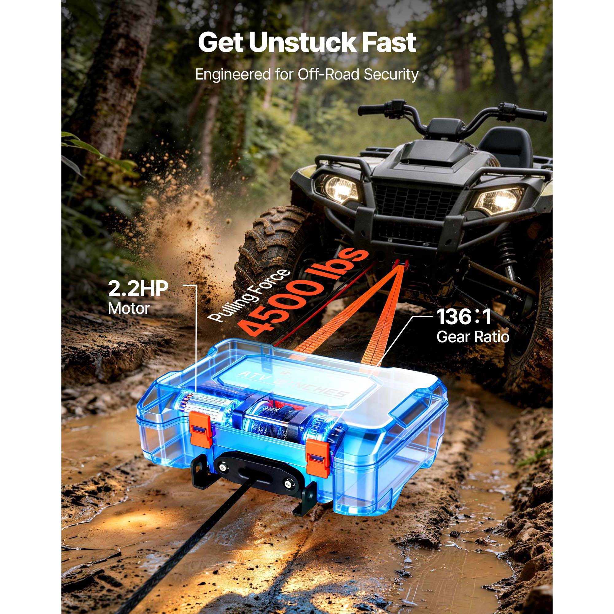 KFFKFF Portable 12V DC Electric Winch, 4500 lbs Capacity with Synthetic Rope, Dual Remotes, Recovery Kit with Fairlead, Hook, and Strap for ATV UTV Off-Road Pulling Applications