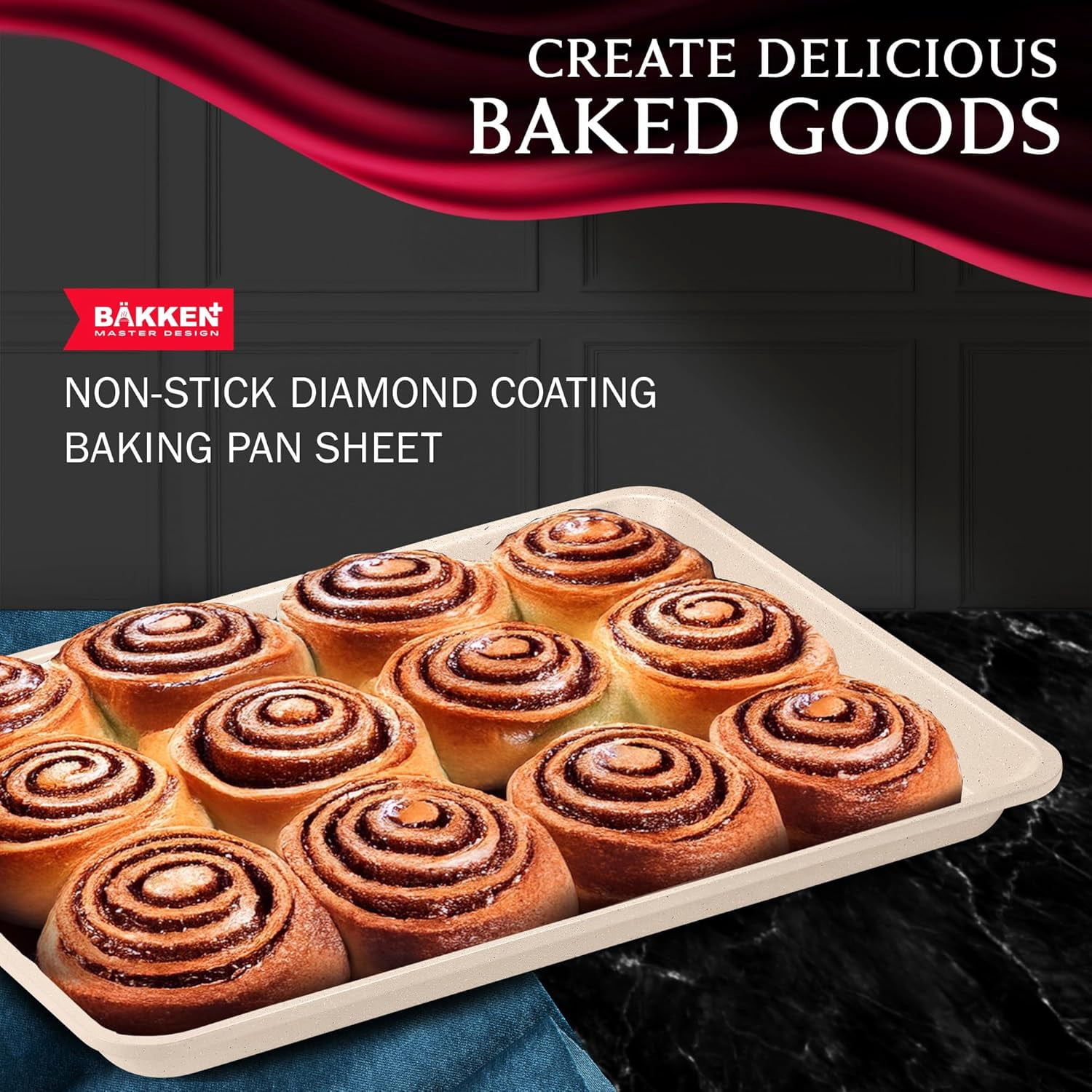 BAKKEN Baking Pan - Small, Medium, & Large Cookie Pan Nonstick, Diamond Texture Bottom, Oven Safe (450°F), Pack of 3, White Marble