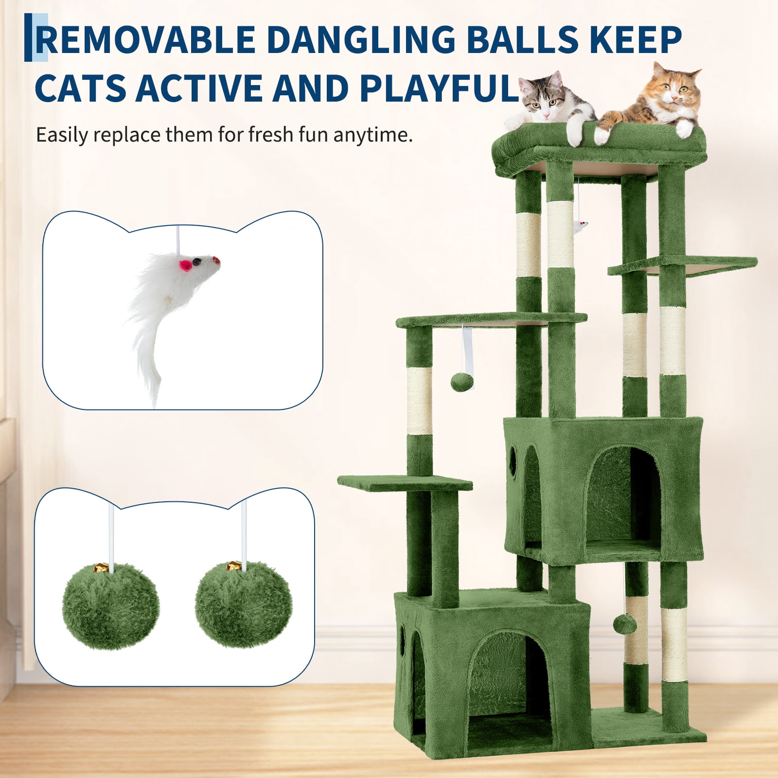 BouPower 61" Multi-Level Cat Tree Tower, Dark Grey Heavy-Duty Cat Condo with Oversized Perch, 2 Spacious Condos, Natural Sisal Scratching Posts and Play Toys for Large Adult & Maine Coon Cats