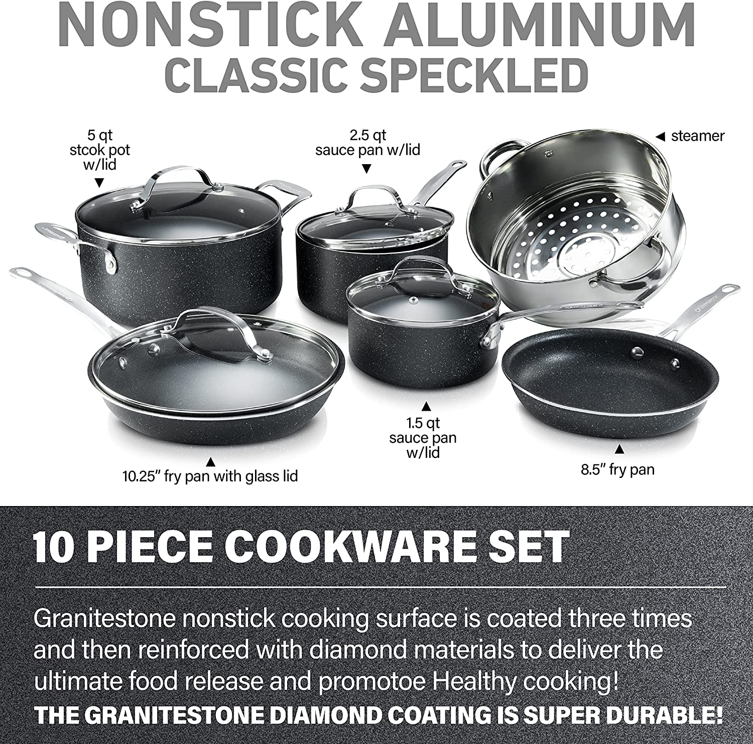 Granite Stone Pots and Pans Set, 10 Piece Nonstick Cookware Set, Includes Steamer, Scratch Resistant, Granite Coated, Dishwasher and Oven-Safe, PFOA-Free, Black - image 4 of 11
