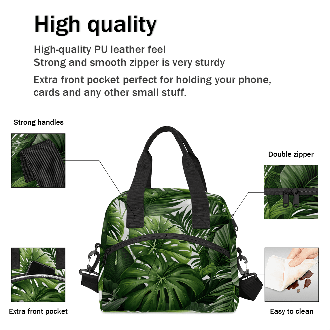 Herdesigns Tropical Green Plant Leaf Insulated Lunch Bag for Women Men Adults Large Reusable Lunch Box Botanical Jungle Design Leakproof Cooler Tote Bags with Adjustable Shoulder Strap