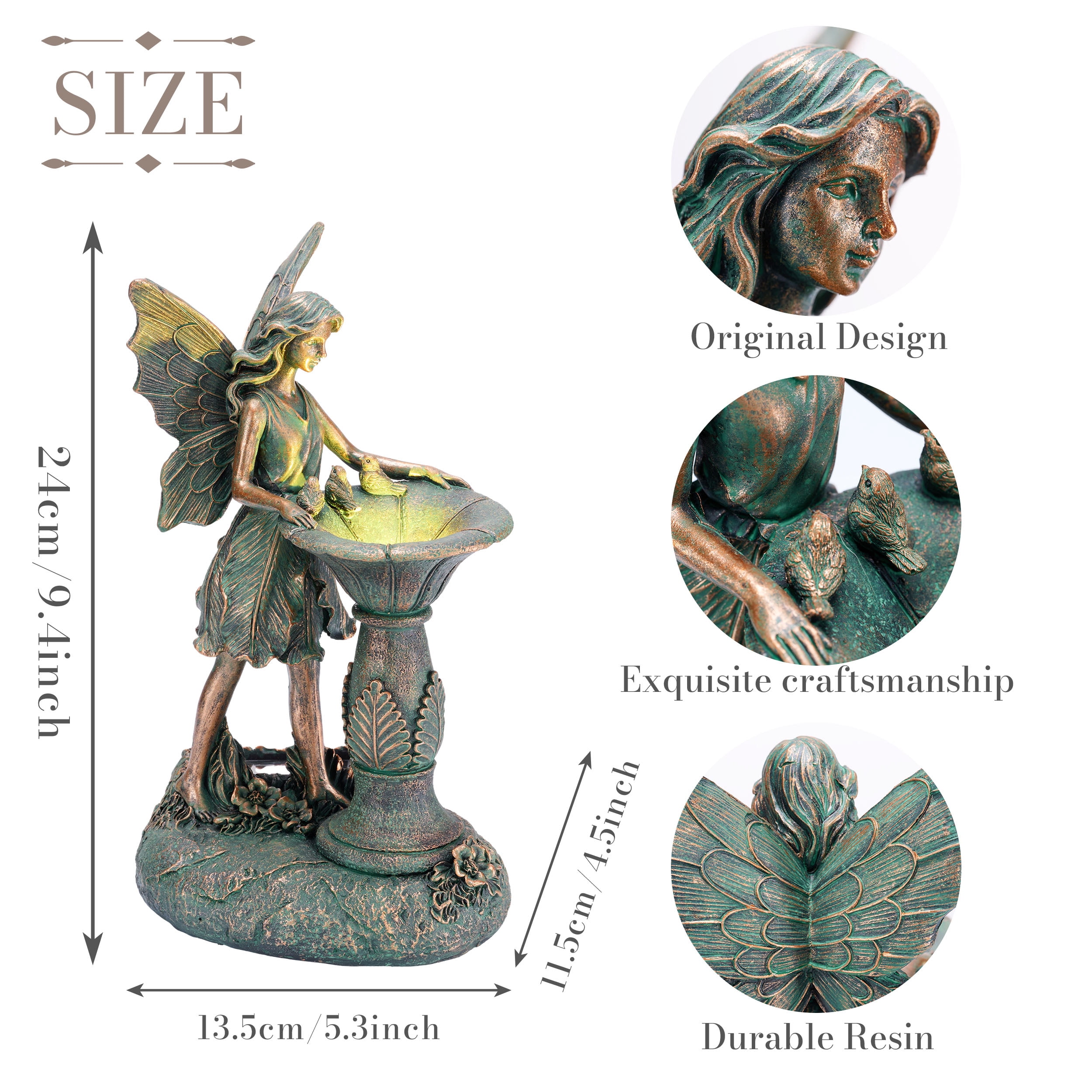 TERESA'S COLLECTIONS 9.4" Fairy Garden Statue with Solar Outdoor Light, Bronze Resin Sculpture