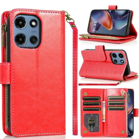 Leather Wallet Case with Zipper Pocket for Motorola Moto G 2025 - Red