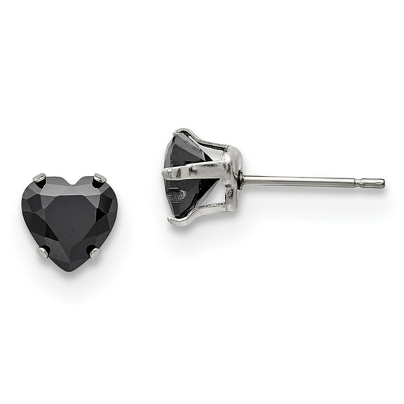Stainless Steel Polished 7mm Black Heart CZ Stud Post Earrings
