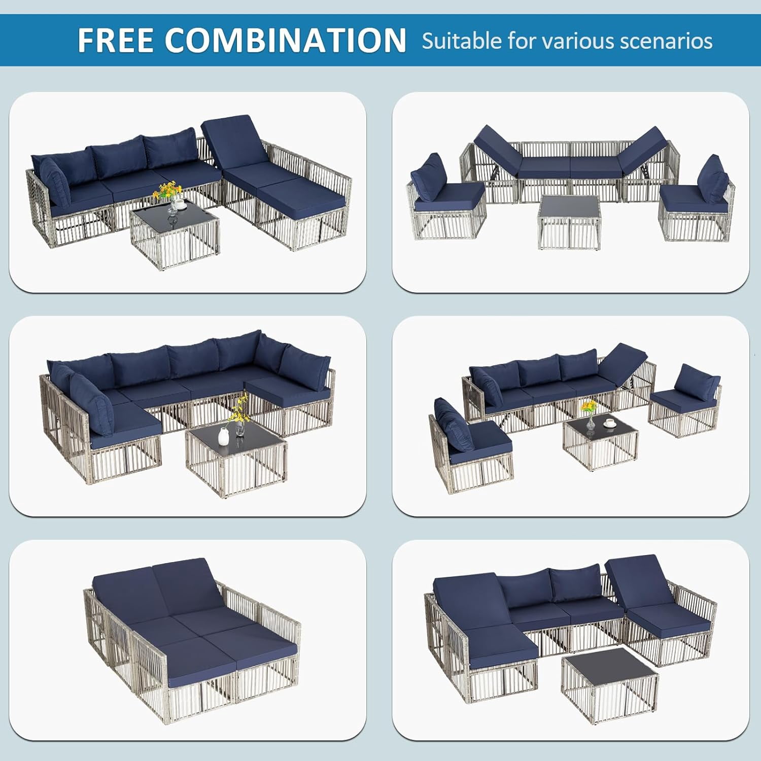 Ainfox 7 Pieces Outdoor Wicker Patio Furniture Set, Adjustable Backrest Sectional Conversation Couch with Thick Cushions & Coffee Table for Garden Porch Poolside, Gray/Blue